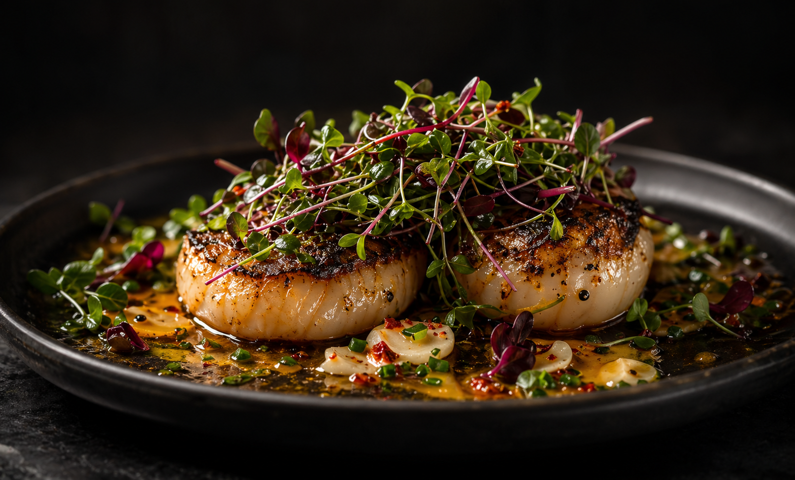 Premium plated scallops finished with Rogue Farms microgreens